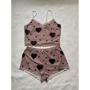 Two Piece Pajama Loungewear Set Pink Black Hearts Tank Ruffle Lace L Twee Y2K